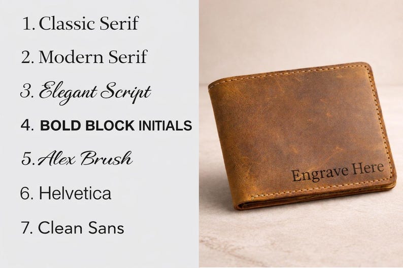 May include: A brown leather wallet with the text "Engrave Here" is displayed. The wallet is rectangular with rounded corners and a stitched border. The image also shows a list of font styles.
