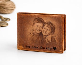 Personalized Leather Wallet for Dad, Photo Engraved Wallet from Kids, Custom Bifold Wallet for Men, Father’s Day Gift, Gift for Dad