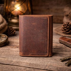 May include: A brown leather wallet with a tri-fold design. The wallet is made of textured leather and is displayed on a wooden surface. Other items in the image include a compass, a knife, and a key ring.