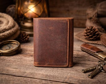 May include: A brown leather wallet with a tri-fold design. The wallet is made of textured leather and is displayed on a wooden surface. Other items in the image include a compass, a knife, and a key ring.