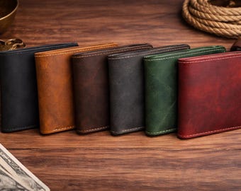 フルグレインクレイジーホースレザー二つ折り財布（メンズ）、カスタム刻印入り、IDウィンドウ付き、男性へのギフト
