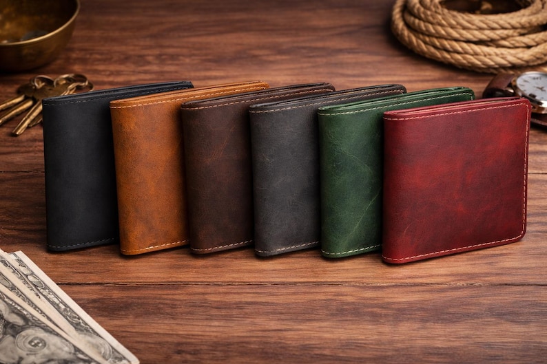 May include: A collection of six leather wallets in various colors, including black, brown, green, and red. Each wallet is rectangular with visible stitching and a textured surface. The wallets are arranged in a row on a wooden surface.