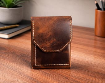 Portafoglio in pelle personalizzato per uomo, porta carte sottile con tasca frontale in pieno fiore, portafoglio minimalista fatto a mano, regalo per lui