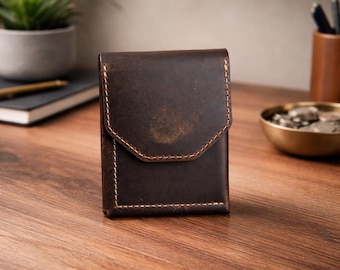 Personalisierte Vollnarbenleder Geldbörse für Männer, schlanke Fronttasche Kartenhalter, handgefertigte minimalistische magnetische Klappe Brieftasche, Geschenk für ihn