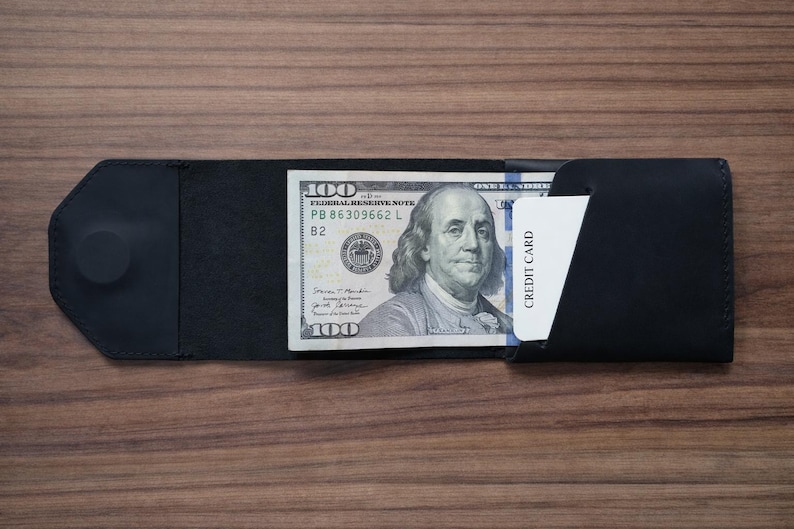 May include: A black leather wallet, open to display a one hundred dollar bill and a credit card. The wallet is on a wooden surface. The credit card is white with the words "CREDIT CARD" printed on it.