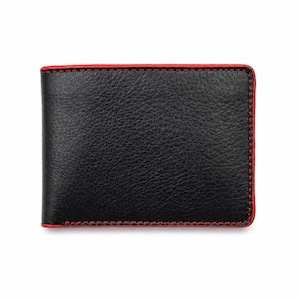 May include: A black bi-fold wallet with a textured surface and contrasting red stitching along the edges. The wallet features a rectangular shape with rounded corners and a vibrant red trim that outlines the entire perimeter of the folded leather.