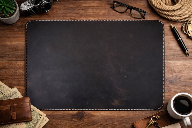 May include: A black leather desk mat with white stitching, surrounded by office supplies on a wooden surface. Items include a camera, glasses, a pen, a cup of coffee, and a wallet with cash.