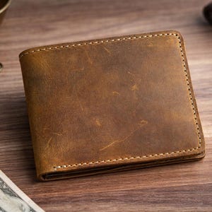 May include: A brown leather wallet with visible stitching and a worn texture. The wallet is rectangular and appears to be new. Keys, a small bowl, and cash are visible in the background.