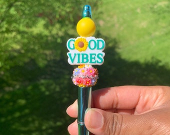 Good Vibes Pen, Beaded Pen, Custom Pen, Flowers, Summertime, Beaded Pen with Silicone Pen, Custom Gift