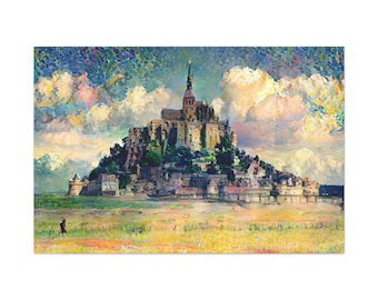May include: A painting of Mont Saint-Michel, a historic abbey located on a tidal island in Normandy, France. The abbey is depicted in a stylized, impressionistic style with vibrant colors and brushstrokes. The sky is a mix of blue, pink, and yellow, with fluffy white clouds. The abbey is a light brown color, with a tall spire and many windows. The island is green and surrounded by water.