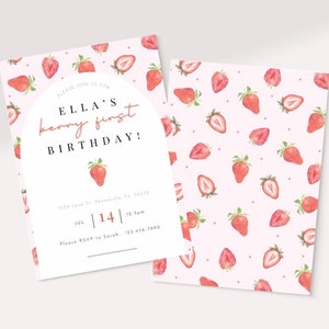 Berry First Birthday Invitation Modern Strawberry Invitation Strawberry Birthday Editable Canva Template Girls First Birthday Invitation