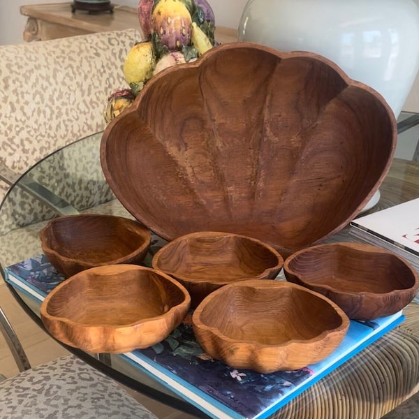 Clamshell Salad Bowl Set, Large Scalloped, Vintage, Wood, 5 small bowls, Scalloped, Palm Beach Serving Set