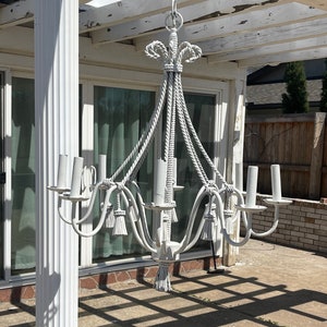 Vintage Chandelier Large White Dorothy Draper Style Tassel Light Fixture Tole Hollywood Regency Palm Beach Chic MCM