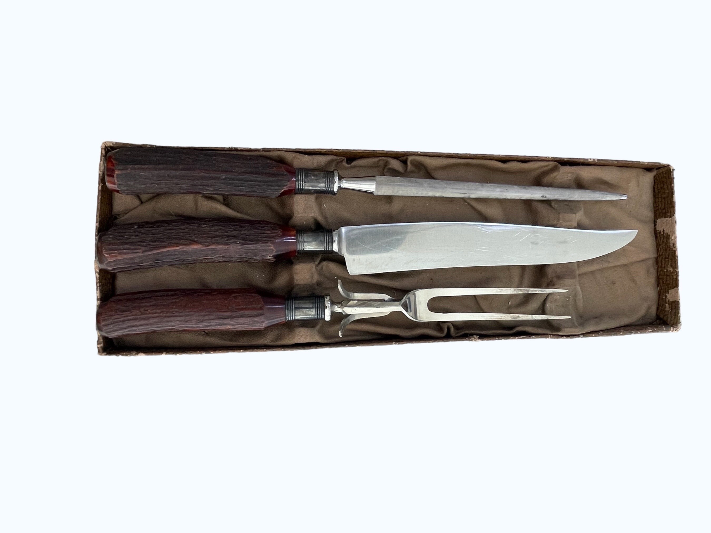Vintage Meriden Cutlery Carving Set Antler Staghorn Stainless Original