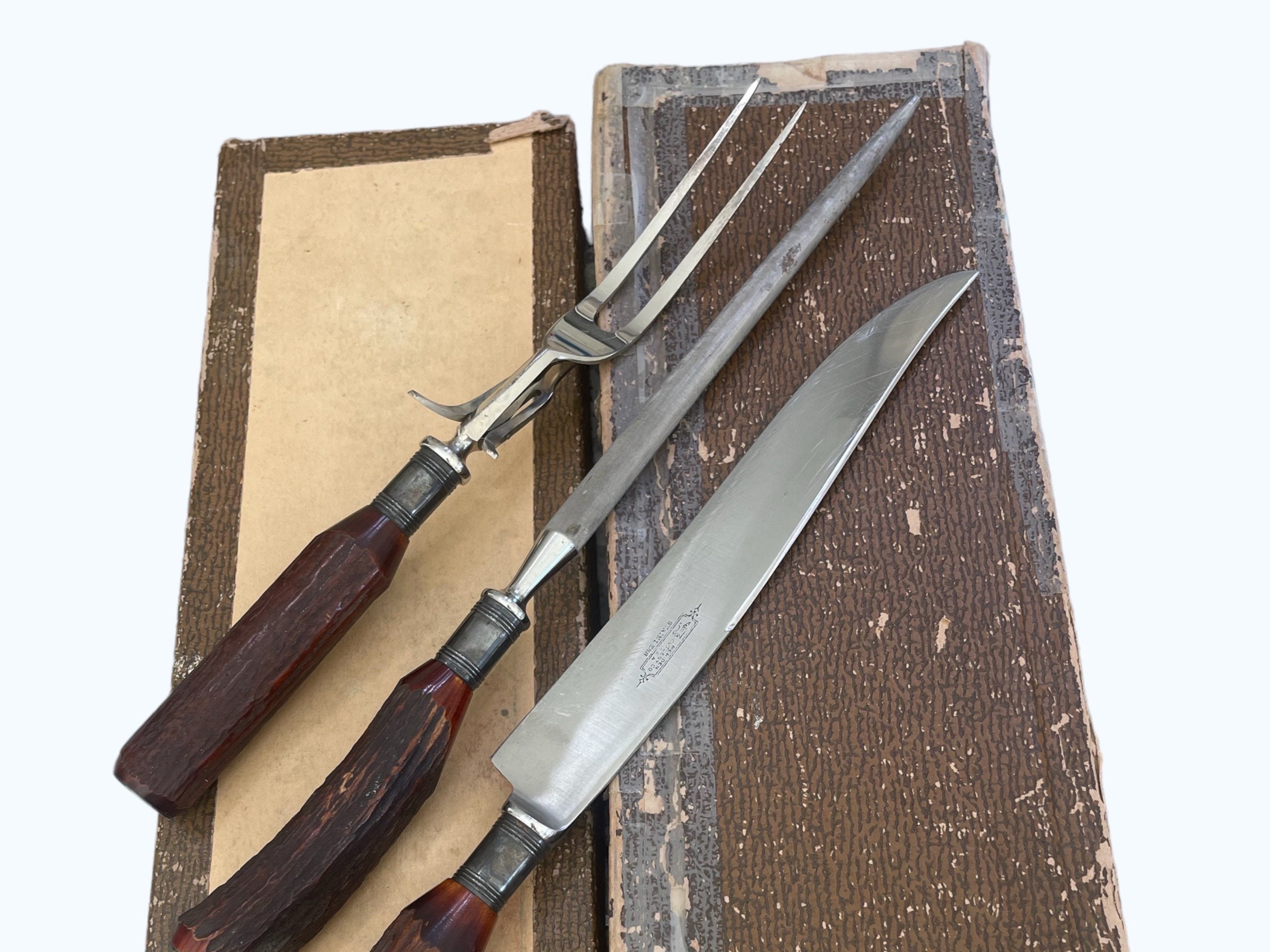 Vintage Meriden Cutlery Carving Set Antler Staghorn Stainless Original
