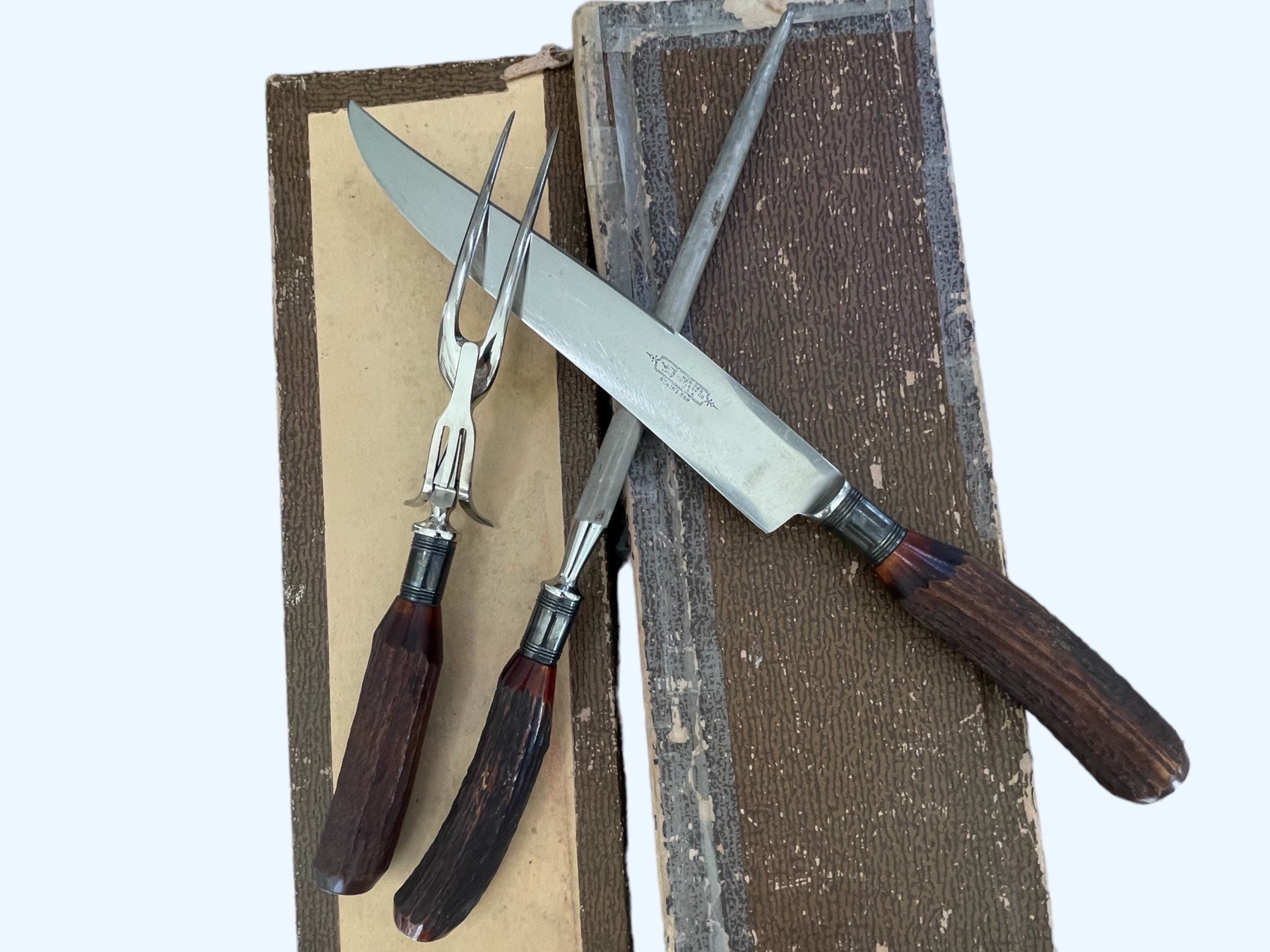 Vintage Meriden Cutlery Carving Set Antler Staghorn Stainless Original