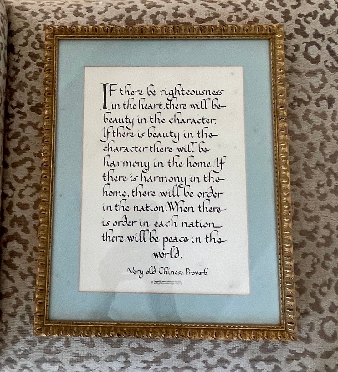 Framed Chinese Art Proverb Vintage Light Blue Calligraphy Hand Made ...