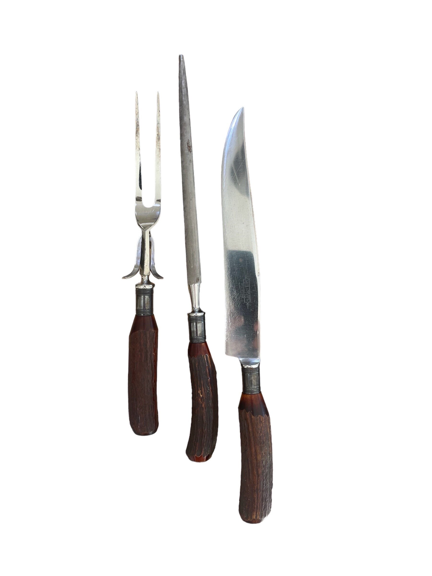 Vintage Meriden Cutlery Carving Set Antler Staghorn Stainless Original