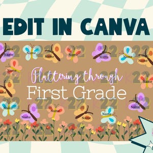 Puede incluir: Un fondo marrón con mariposas y flores coloridas, con el texto "Fluttering through First Grade". Las palabras "Edit in Canva" están en la parte superior. Cada mariposa tiene un espacio para un nombre.