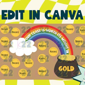 May include: A digital design with the text "EDIT IN CANVA" at the top. The design features a rainbow, a pot of gold, and gold coins with the word "NAME" on them. The phrase "OUR CLASS IS WORTH ITS WEIGHT IN" is also included.
