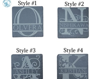 Custom personalized slate coasters with wire holder. Personalized coasters custom slate coasters