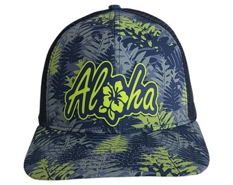 Aloha Floral Trucker hat trucker baseball hat, tropical richardson style snapback hat, hawaiian trucker snapback hat with blue aloha patch