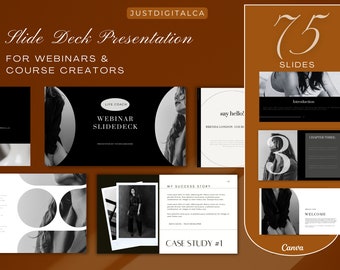 76 Page Minimalist Slide Deck Creator  | Webinar Template | Minimal Course Creator | Canva Template | Noir luxe | Editable Black and white