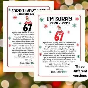 May include: Two framed Christmas-themed prints with text and an elf illustration. The prints feature the text "I'm Sorry" and "Sorry We're Late" with names and the number 67. Decorative snowflakes and stars are also included.