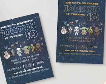 May include: Two navy blue birthday invitations with gold text and Star Wars characters. The invitations read "Join us to celebrate Jordyn is turning 10." The date is Saturday, June 22nd, at 2:00 PM.