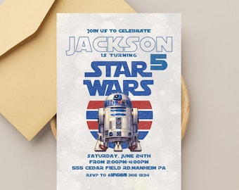 May include: A Star Wars-themed birthday invitation featuring R2-D2. The invitation includes the text "Join us to celebrate Jackson is turning 5" and event details. The invitation is paired with a beige envelope.