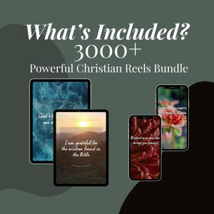 May include: A collection of four phone screens with inspirational Christian quotes and images. The quotes include "God's love for me", "I am grateful for the wisdom found in the Bible", "Reflect on a verse that brings you comfort", and "Create a page inspired by a favorite Psalm".