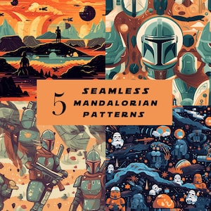 May include: Five seamless patterns featuring Mandalorian characters and symbols. The patterns are in a variety of colors, including blue, green, orange, and brown. The patterns are perfect for use in crafting, scrapbooking, and other creative projects.