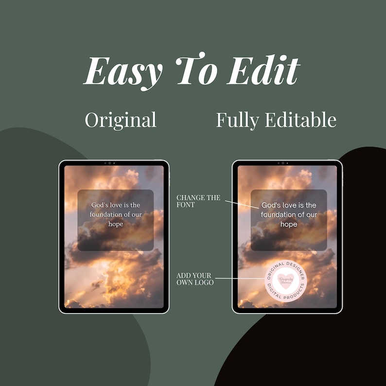 May include: A digital mockup of a phone screen with a sunset background and the text "God's love is the foundation of our hope". The text is in a white box with a soft shadow. The phone screen is surrounded by a white frame. The image is labeled "Original" and "Fully Editable".