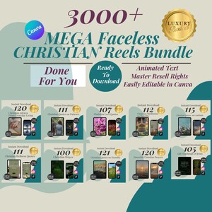 May include: A digital product bundle of over 3,000 Christian Reels for Canva. The bundle includes animated text, master resell rights, and is easily editable in Canva. The image shows a collection of 12 different reel designs with titles such as "Christian Advices from Everyday Living", "Christian Quotes on Patience", "Christian Love Quotes", "Christian Meditation on Humility", "Christian Quotes on Gratitude", "Christian Wellness Quotes", "Christian Prayer", "Christian Quotes on Humility", "Powerful Christian Prayers", and "Life Teachings of Jesus".