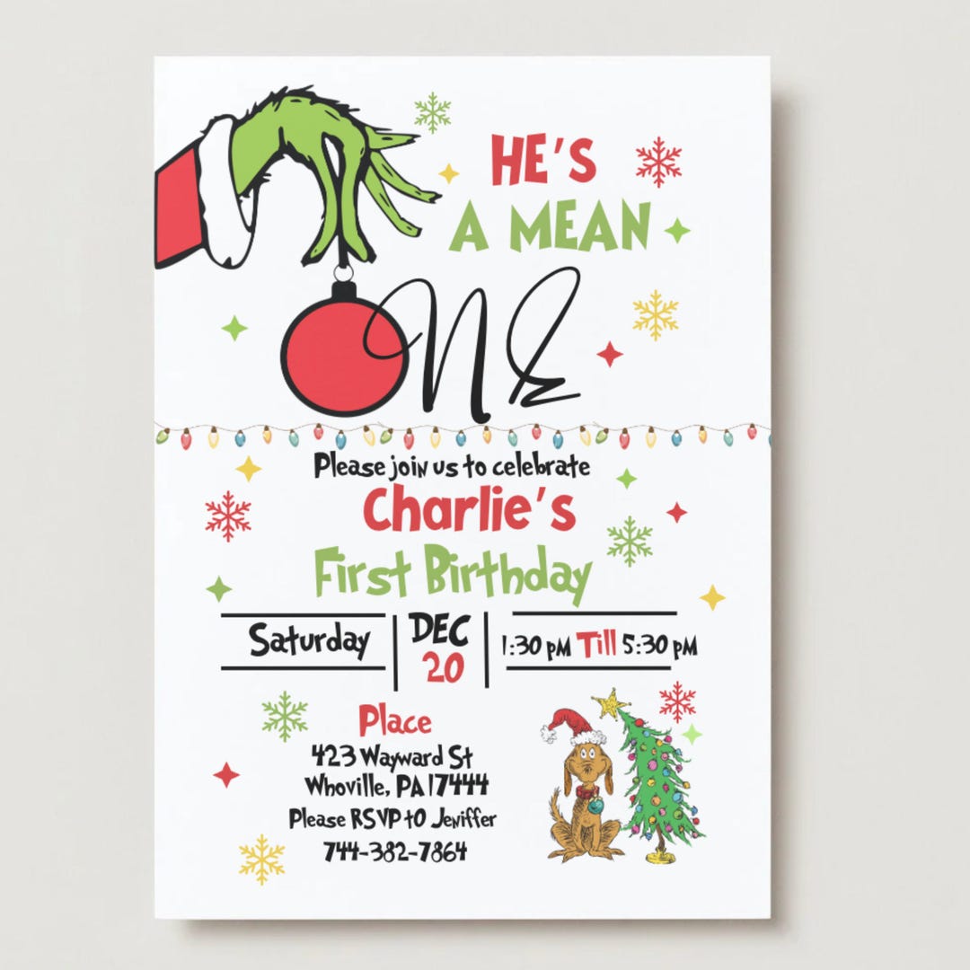 Grinch First Birthday Invitation | Xmas Party Invite (printable ...