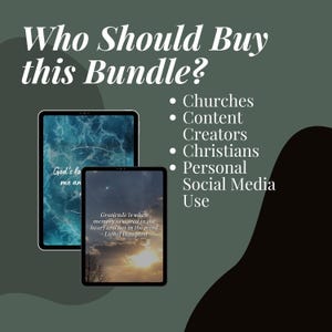 May include: A digital marketing bundle for churches, content creators, Christians, and personal social media use. The image shows two digital screens with inspirational quotes about God's love and gratitude.