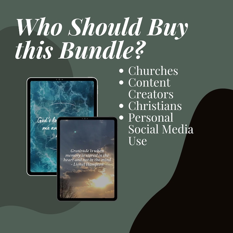 May include: A digital marketing bundle for churches, content creators, Christians, and personal social media use. The image shows two digital screens with inspirational quotes about God's love and gratitude.