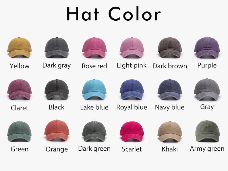 Pode incluir: Um gr&aacute;fico que mostra 16 cores diferentes de bon&eacute;s de beisebol. As cores incluem amarelo, cinza escuro, rosa vermelho, rosa claro, marrom escuro, roxo, vinho, preto, azul lago, azul royal, azul marinho, cinza, verde, laranja, verde escuro, escarlate, c&aacute;qui e verde militar.