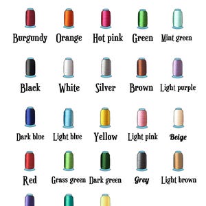 Puede incluir: Una tabla que muestra 20 colores de hilo diferentes, incluyendo burdeos, naranja, rosa fuerte, verde, verde menta, negro, blanco, plata, marr&oacute;n, morado claro, azul oscuro, azul claro, amarillo, rosa claro, beige, rojo, verde hierba, verde oscuro, gris, marr&oacute;n claro, morado, azul lago y amarillo claro.