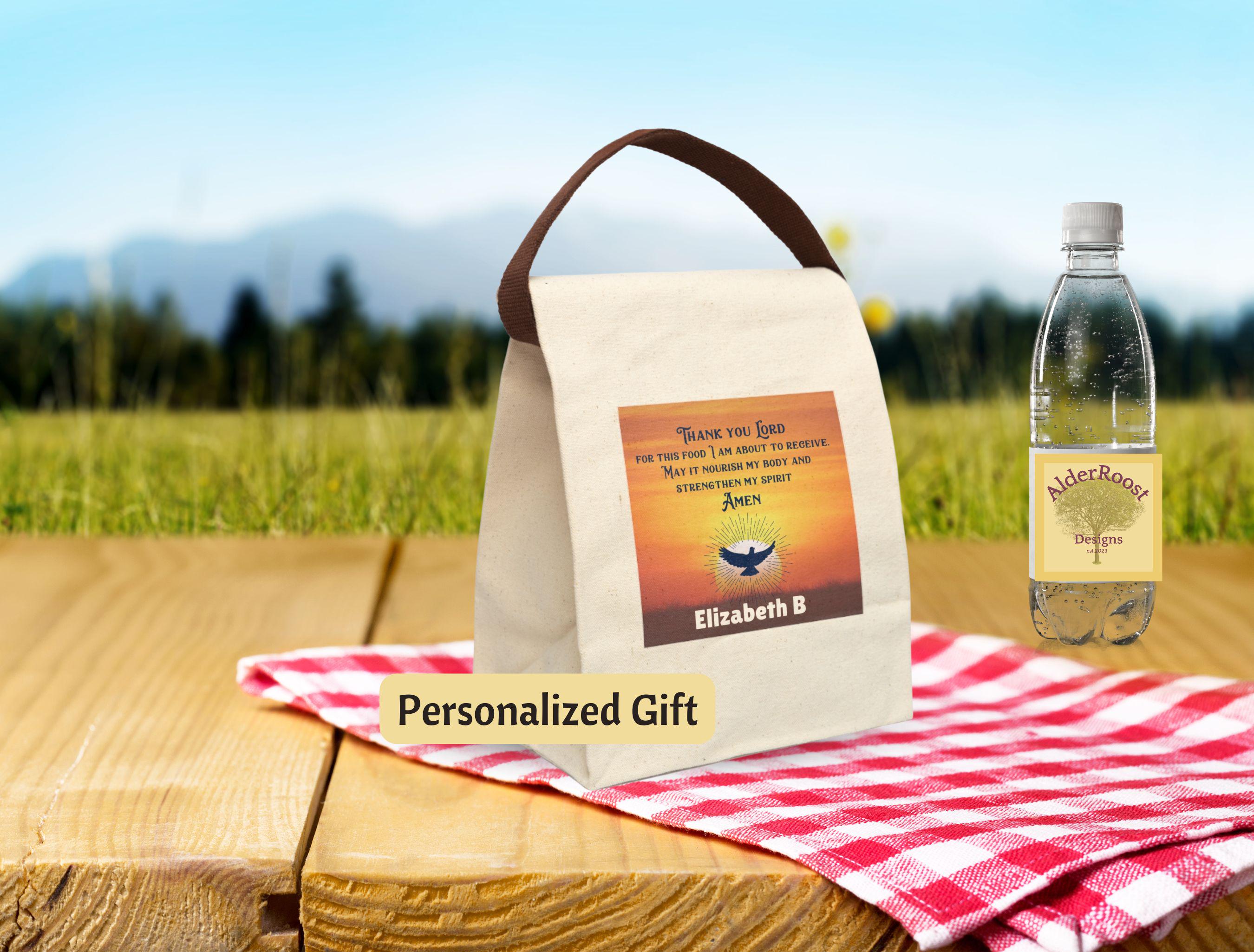 Personalized Christian Lunch Bag with Prayer Cotton Canvas Roll Top Tote - Thank You Lord