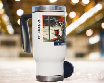 Tazza da viaggio Hockey Mom: divertente design a scheletro, nome e numero personalizzati