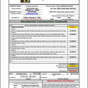 Pode incluir: Formulário de estimativa de construção residencial com o texto "EXEMPLO" e "Estimativa de construção residencial". Inclui seções para informações do cliente, detalhes do trabalho e uma estimativa detalhada de materiais.
