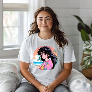 Camiseta de nostalgia de los años 80 con diseño de anime pastel, ropa de calle japonesa estilo harajuku, otaku, waifu, vaporwave, estética, nostalgia, manga, chica leyendo anime
