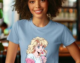 Koszulka z dziewczyną z anime: pastelowe lata 80., styl japoński Harajuku