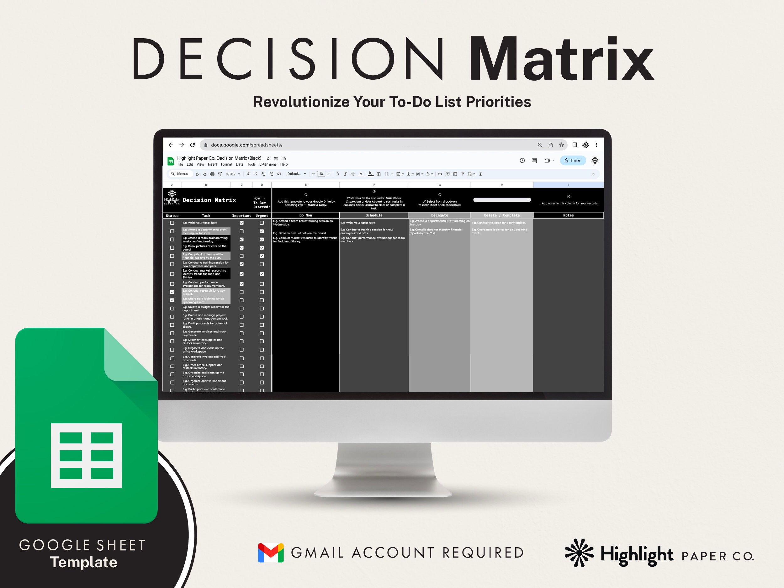 Eisenhower Decision Matrix (Black): Digital ADHD To-Do List, Daily Planner, Prioritization Tool - Reusable Google Sheet Template