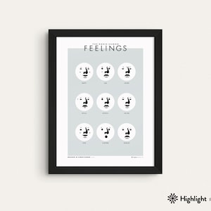 Cartel del gráfico de emociones en blanco y negro - Gráfico de sentimientos, decoración minimalista de la habitación para niños, arte del aula Montessori, diseño escandinavo, 18x24