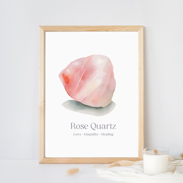 Rose Quartz Crystal Wall Art - Printable Digital Download Watercolor Illustration - Beautiful Self-Love Healing Decor, Light Pink