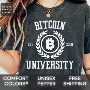 May include: A black t-shirt with white text that reads "Bitcoin University" with a Bitcoin logo and the years "EST 2008".