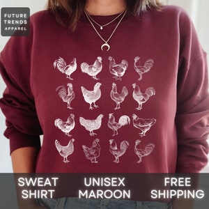 May include: Maroon unisex sweatshirt featuring a white illustration of various chickens. The sweatshirt has the text "Future Trends Apparel" in the upper left corner. The bottom of the sweatshirt has the text "Sweatshirt", "Unisex Maroon".