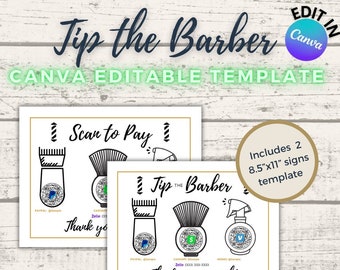 Tip the Barber Editable Scan to Pay Sign - PayPal, Cashapp, Venmo, Zelle - Printable and Customizable, Cashapp Sign, Venmo Sign, PayPal Sign